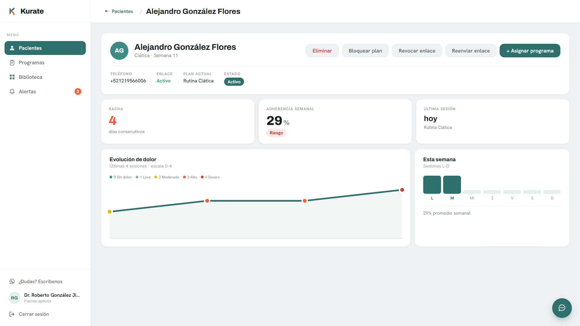 Detalle de paciente: adherencia semanal y check-ins de dolor
